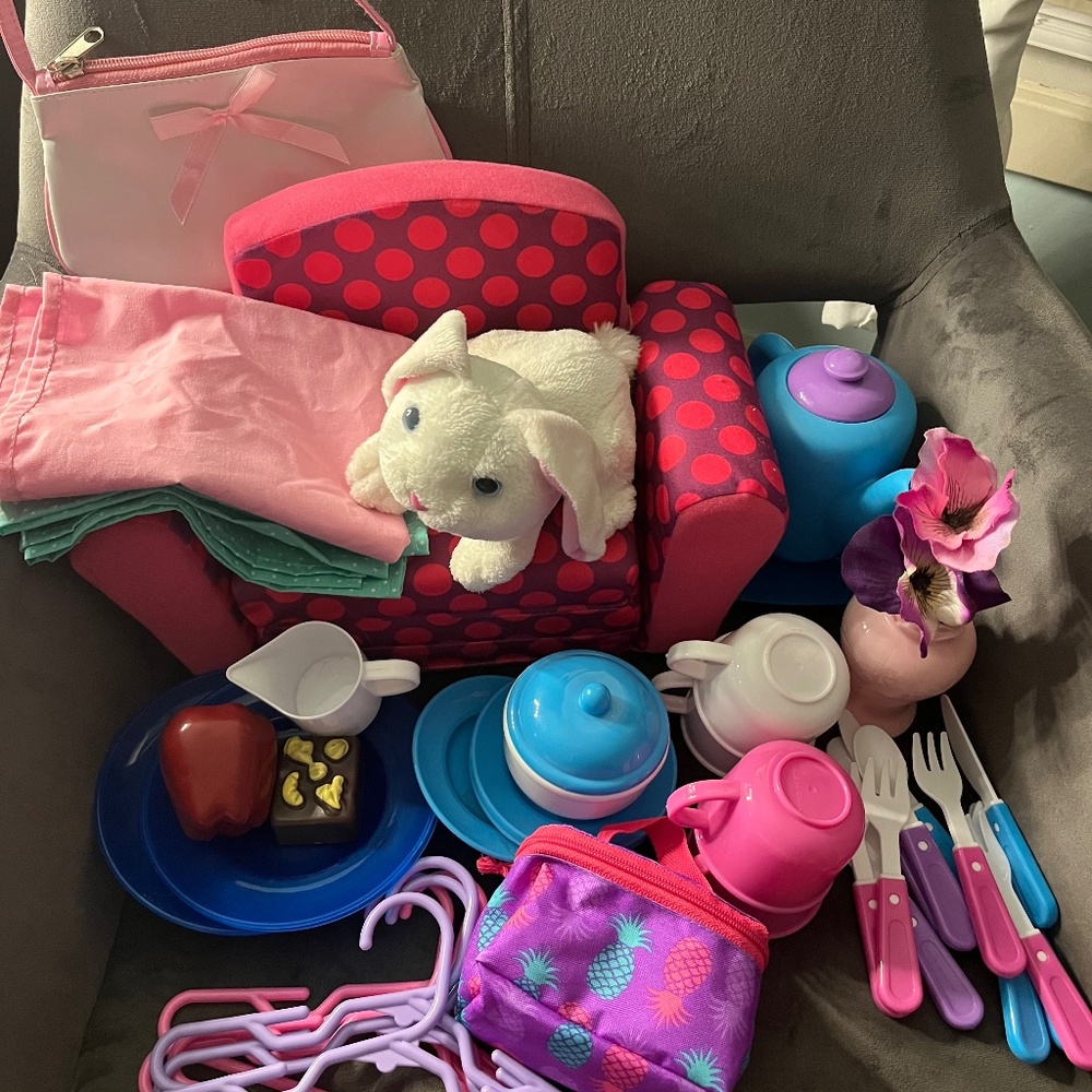 American Girl style chair bed and accessories